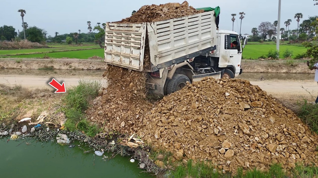 Great Process!! Start Landfill Using Dump Truck 5Ton & Push fill by Dozer KOMATSU