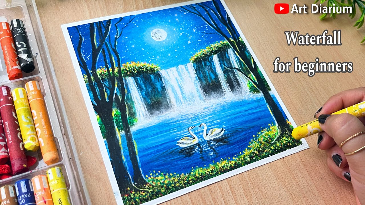 ✨moonlight waterfall Scenery with Oil Pastel for Beginners 🌙🖌️|| Step-by-step 