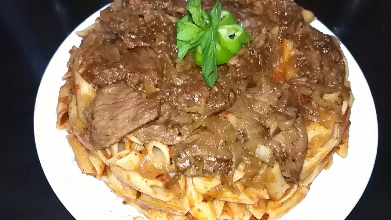 طاجن المكرونه بشرائح اللحمه المكرمله خطيييييييييير لازم تجربيه