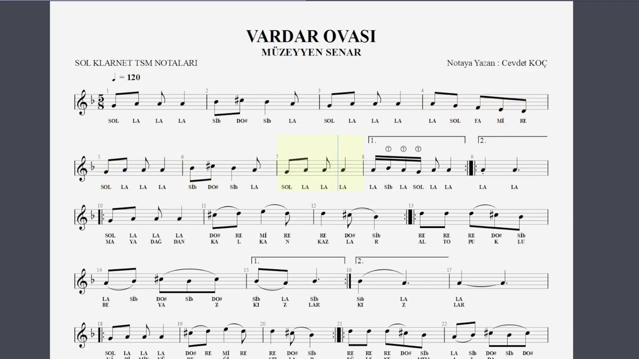 VARDAR OVASI   MÜZEYYEN SENAR NOTA SOLFEJ