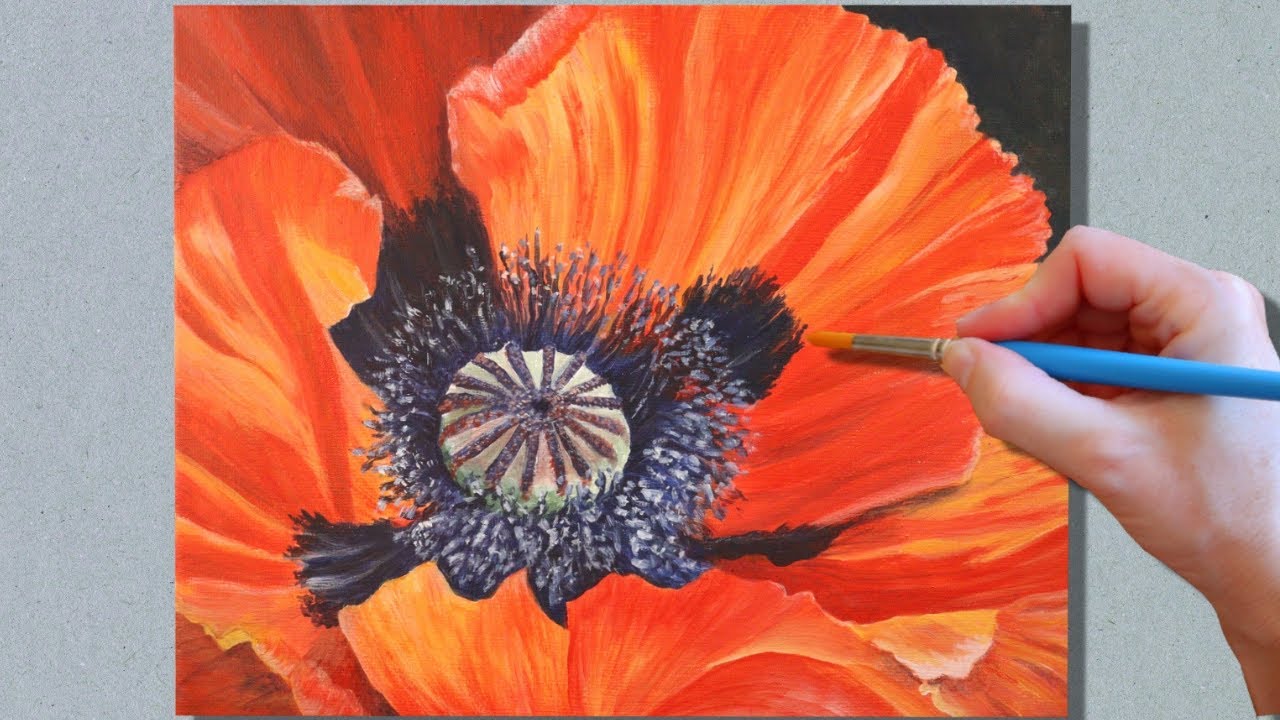 How to Paint a Poppy / Full Length STEP BY STEP / Poppy Acrylic Painting Tutorial