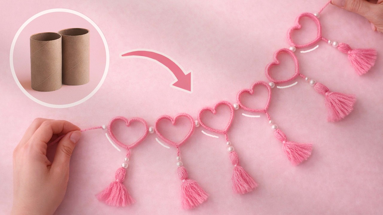 DIY Heart Garland from Toilet Paper Rolls & Yarn | Easy Cute Decor💕