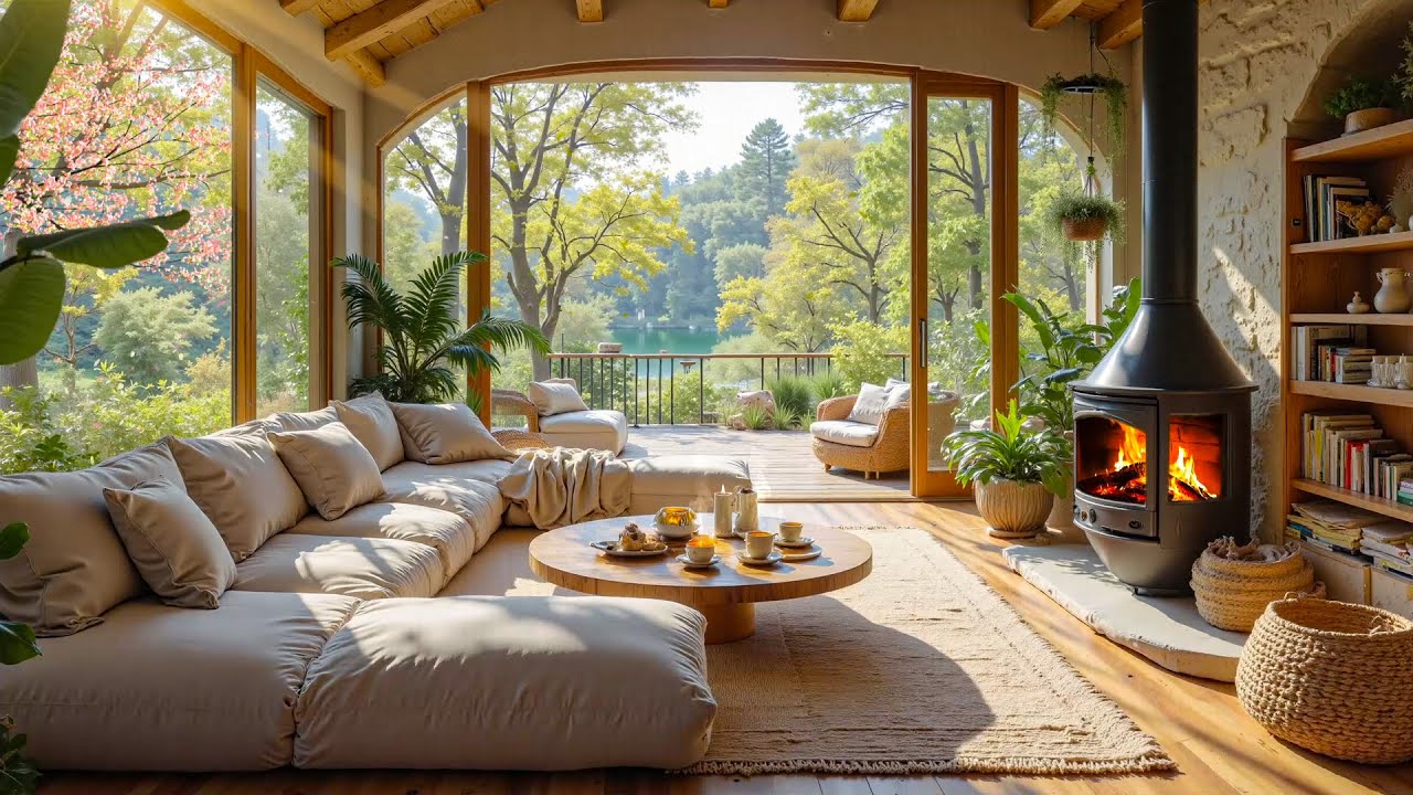 Spring Cabin Ambience 🌺 Soft Piano, Warm Fireplace and Sounds of Nature for Deep Sleep