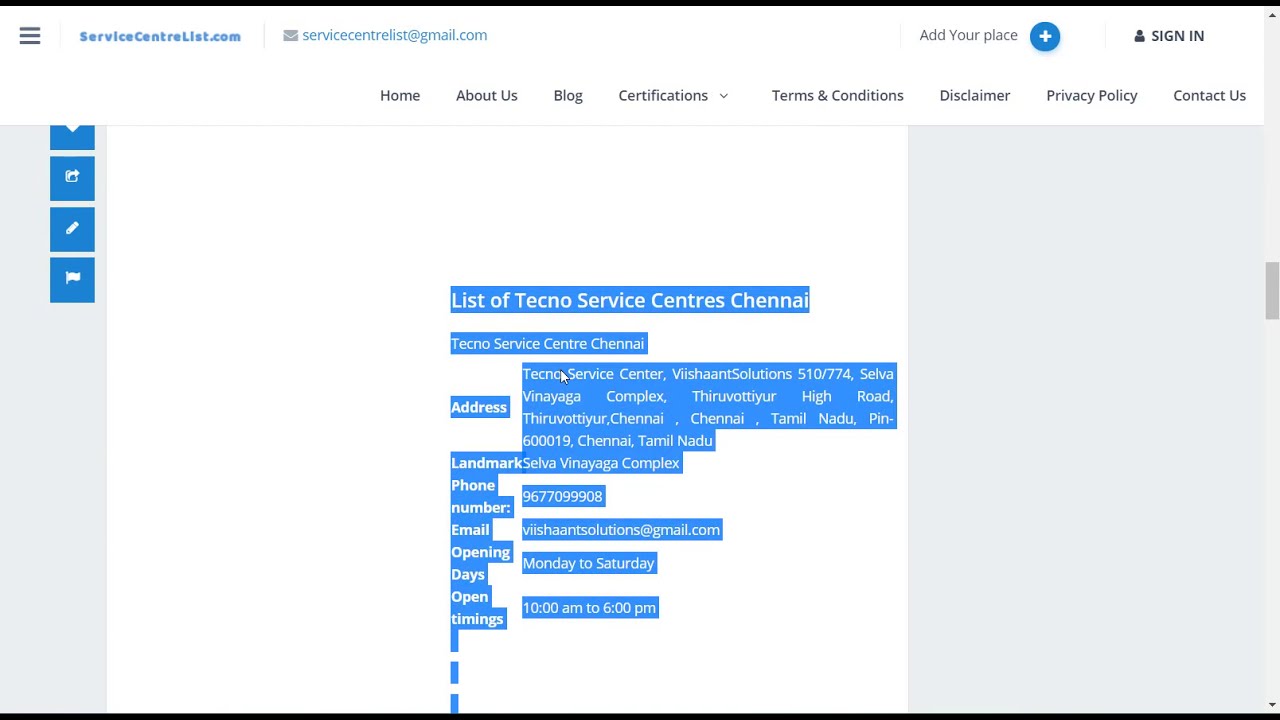 【 Tecno Service Centre Chennai Tamil Nadu 】