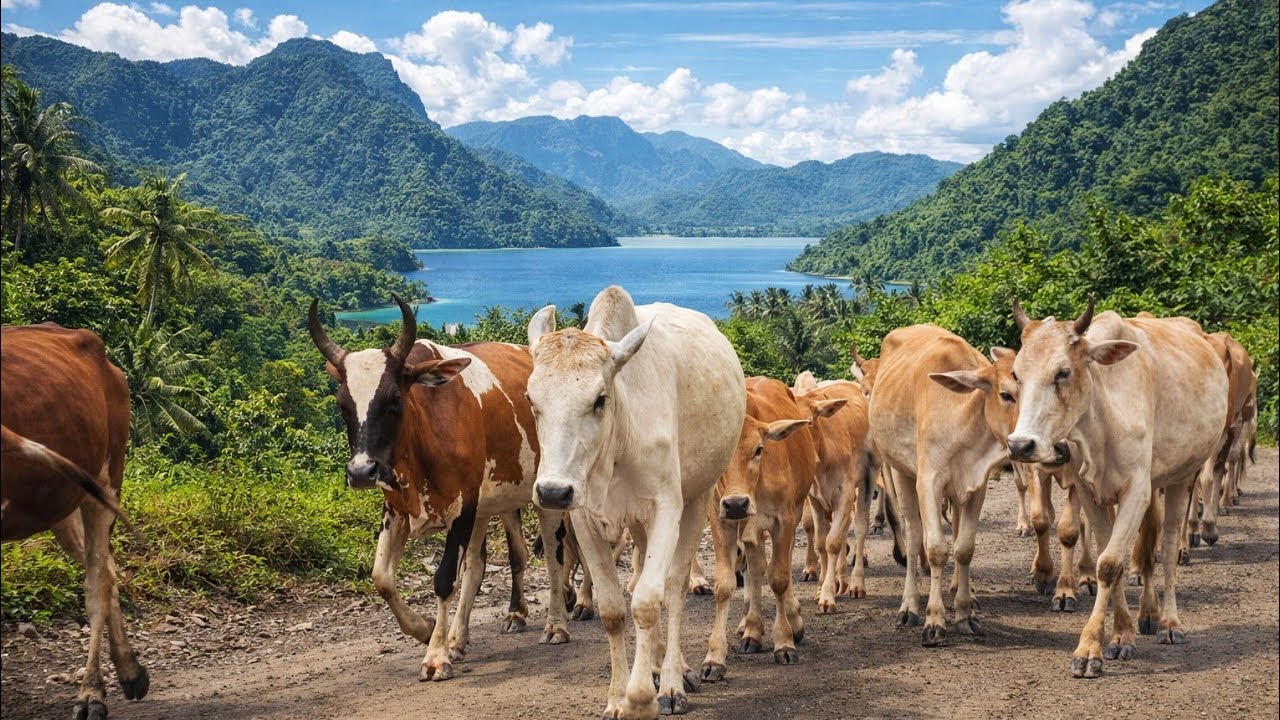 Kawanan sapi lembu jinak berjalan ramai-ramai menuju Padang rumput hijau, suara sapi lembu jinak.