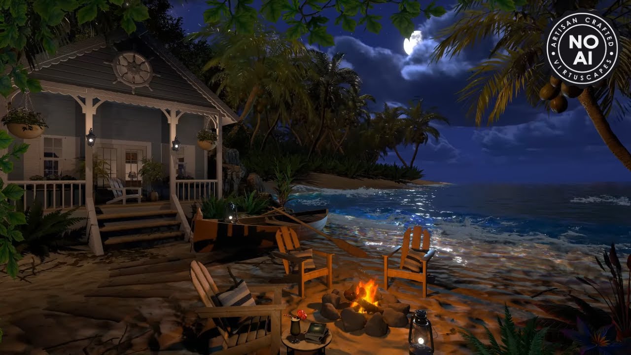 Cozy Beach House | Night Ambience | Campfire, Ocean Waves & Tropical Nature Sounds