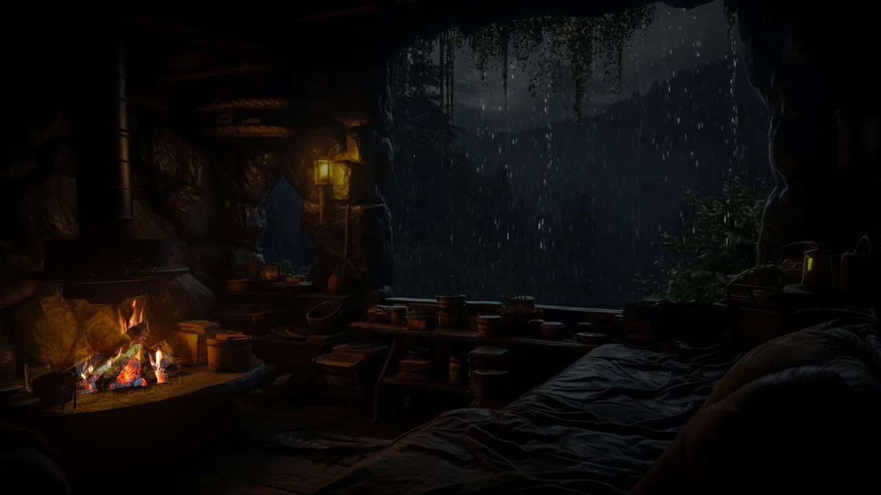 Ad-Free Rainy Forest Cave_ Roaring Rain & Thunder Ambience 😴 Relax & Fall Asleep Fast Tonight🌧️🔥