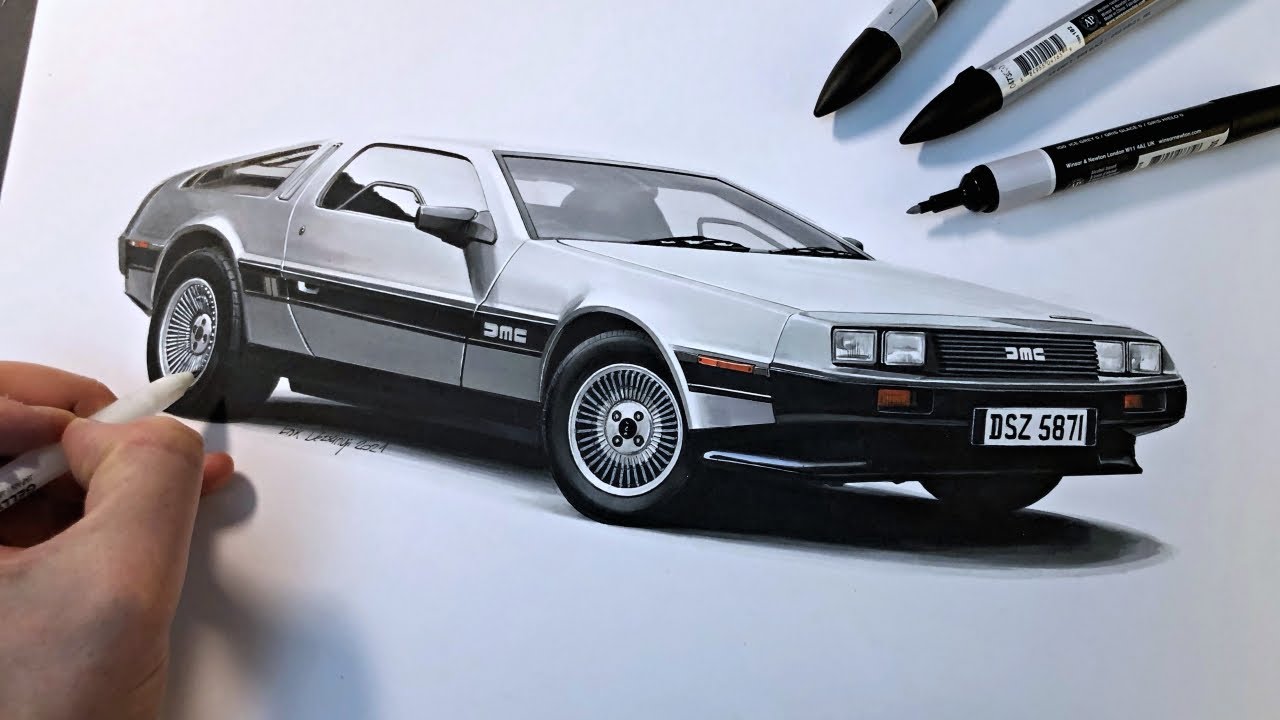 Drawing a DMC DeLorean with promarkers and pens