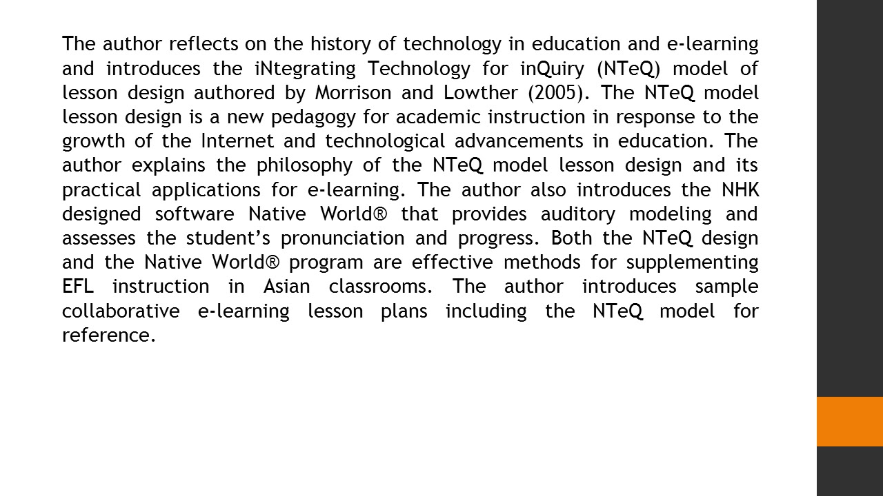 E Learning and the iNtegrating Technology for inQuiry NTeQ Model Lesson Design JEELR 42 72 80