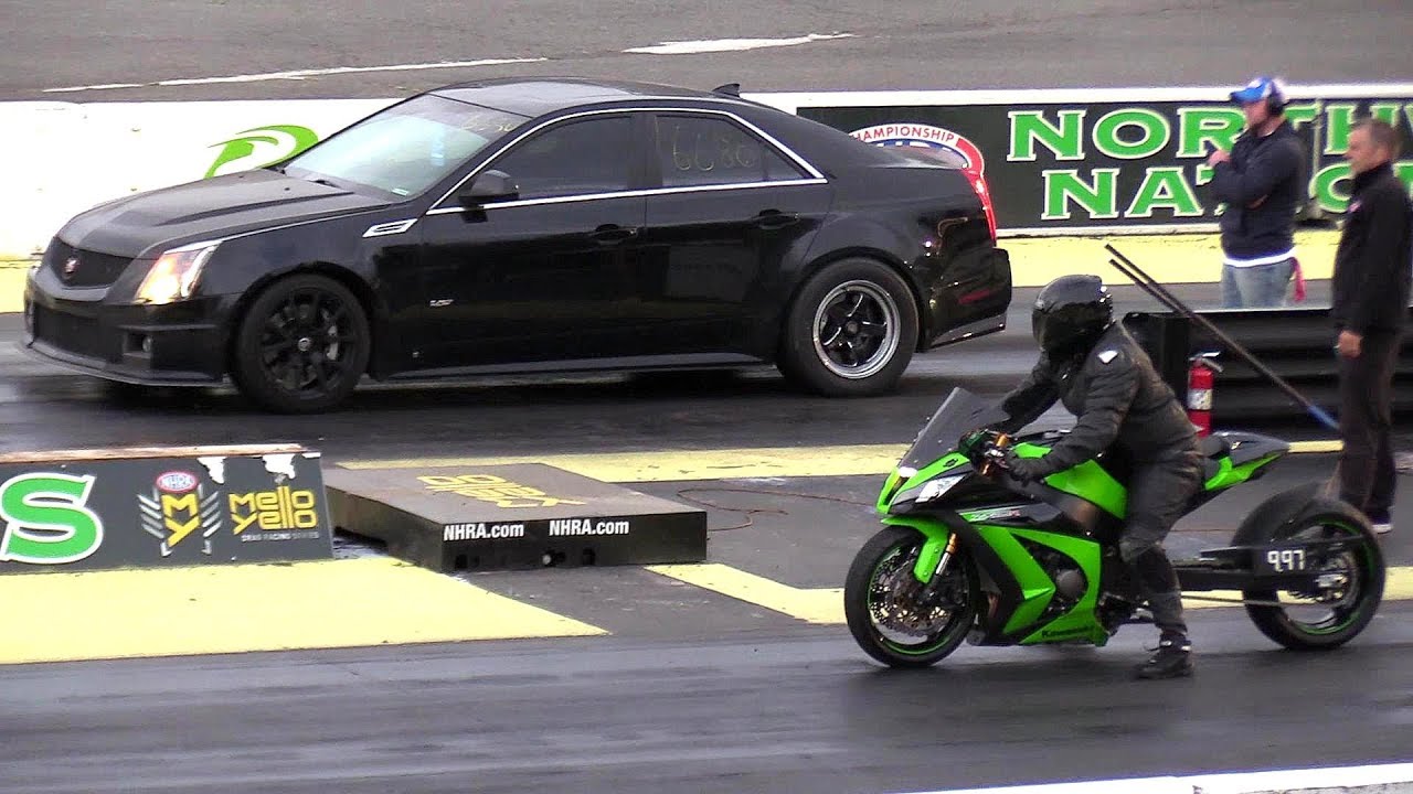 Kawasaki Ninja vs CTS-V Cadillac - crazy drag race car vs motorcycle