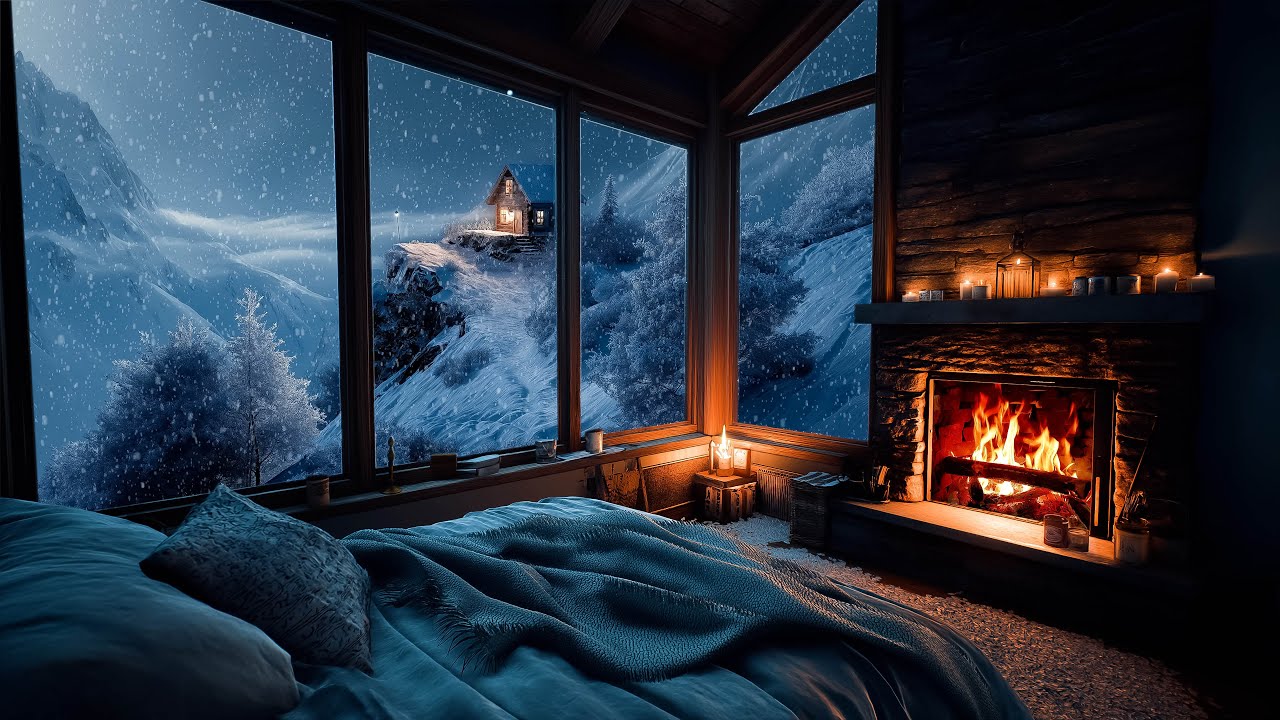 Crackling Fireplace 4K in a Cozy Cabin and Snowfall Sounds outside for Relax | Winter Night Ambience