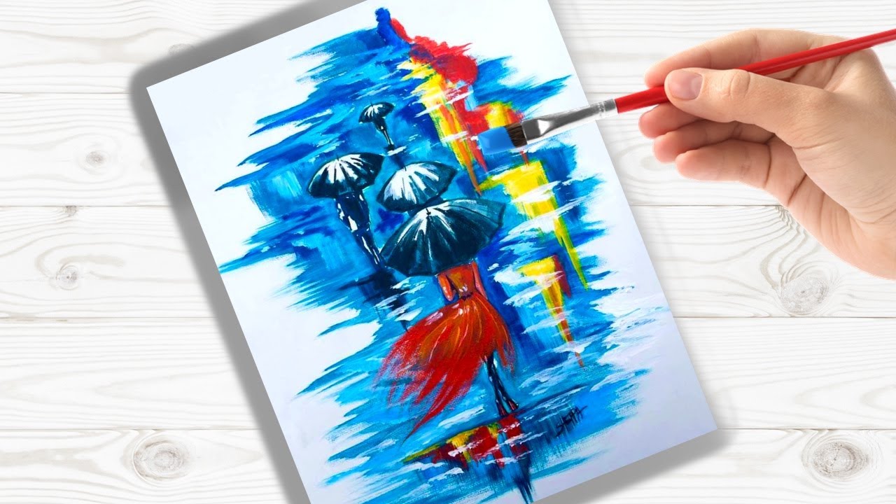 Easy simple Girl walking  in the Rain with umbrella  Step by step Acrylic tutorial | TheArtSherpa