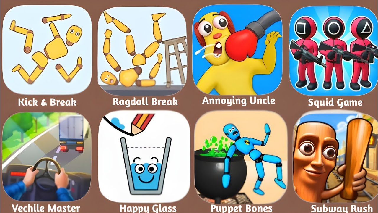 Kick & Break Ragdoll, Ragdoll Break, Annoying Uncle, Squid Game, Happy Glass 