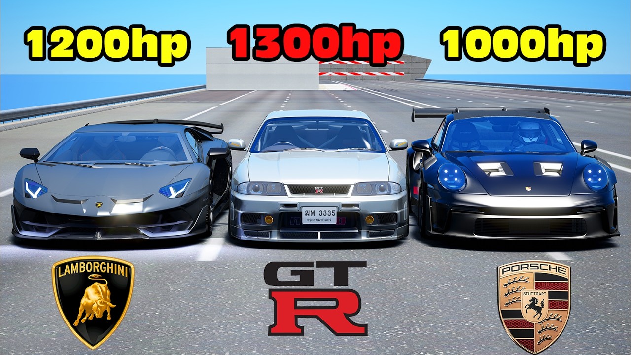 1300HP Nissan GTR R33 vs Lamborghini Aventador SVJ vs Porsche 911 GT3 RS DRAG RACE
