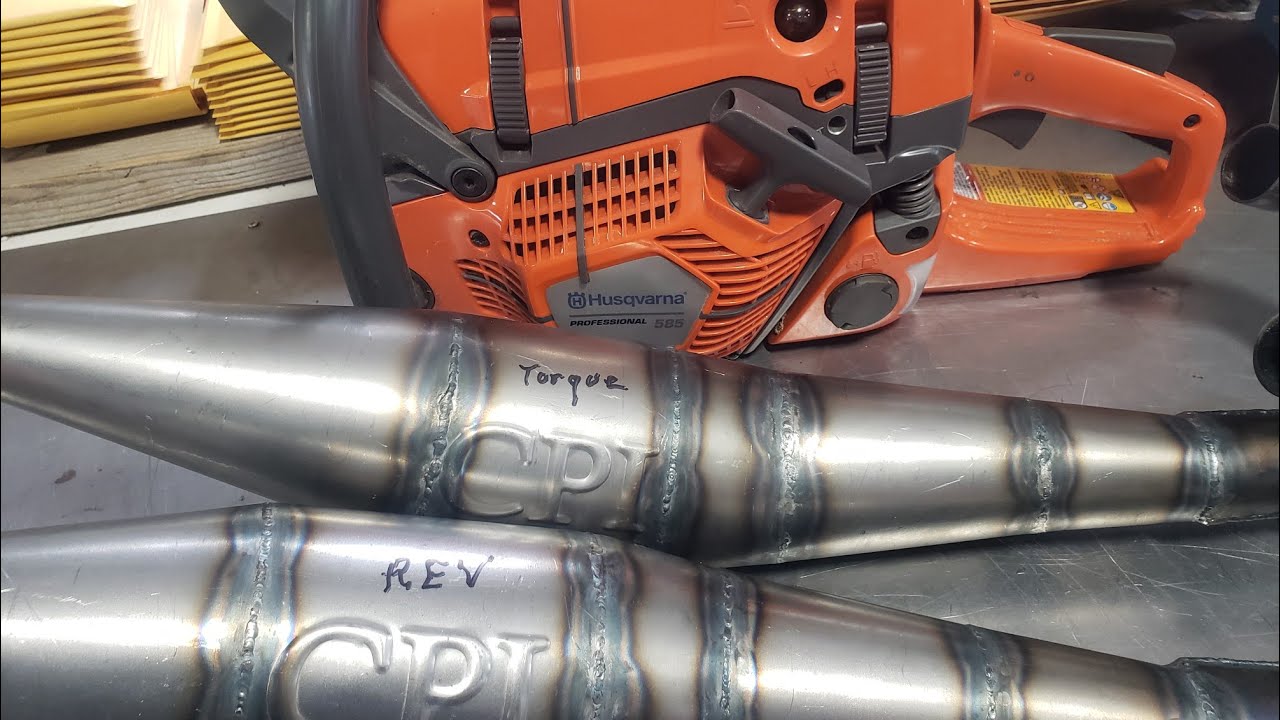 Which exhaust pipe will cut faster? Husqvarna 585 chainsaw Dyno talk 592 xp