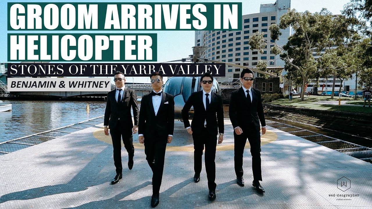 Stones of the Yarra Valley, Groom arrives in helicopter | Benjamin & Whitney