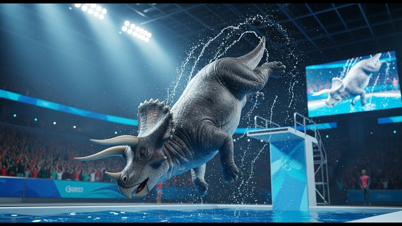 Epic High Dive by All Kinds of Dinosaurs at an Olympic-Style Diving Competition | AI Gemini Veo3