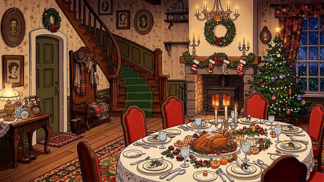 🔥warm christmas fireplace ambience and you're listening to vintage music on a cozy cottage