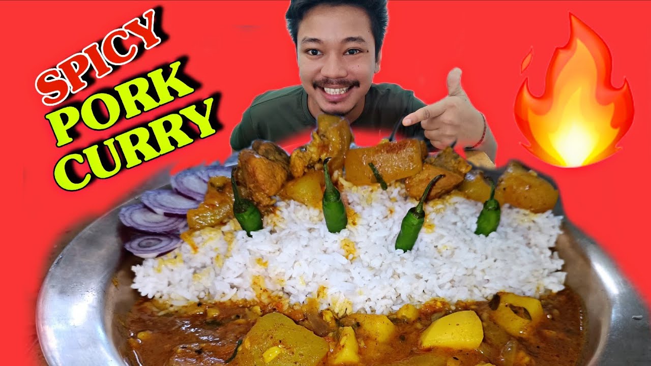 SPICY PORK CURRY WITH RICE EATING | GREEN CHILLI | MUKBANG ASMR @foodieGautam  #mukbang #asmr 