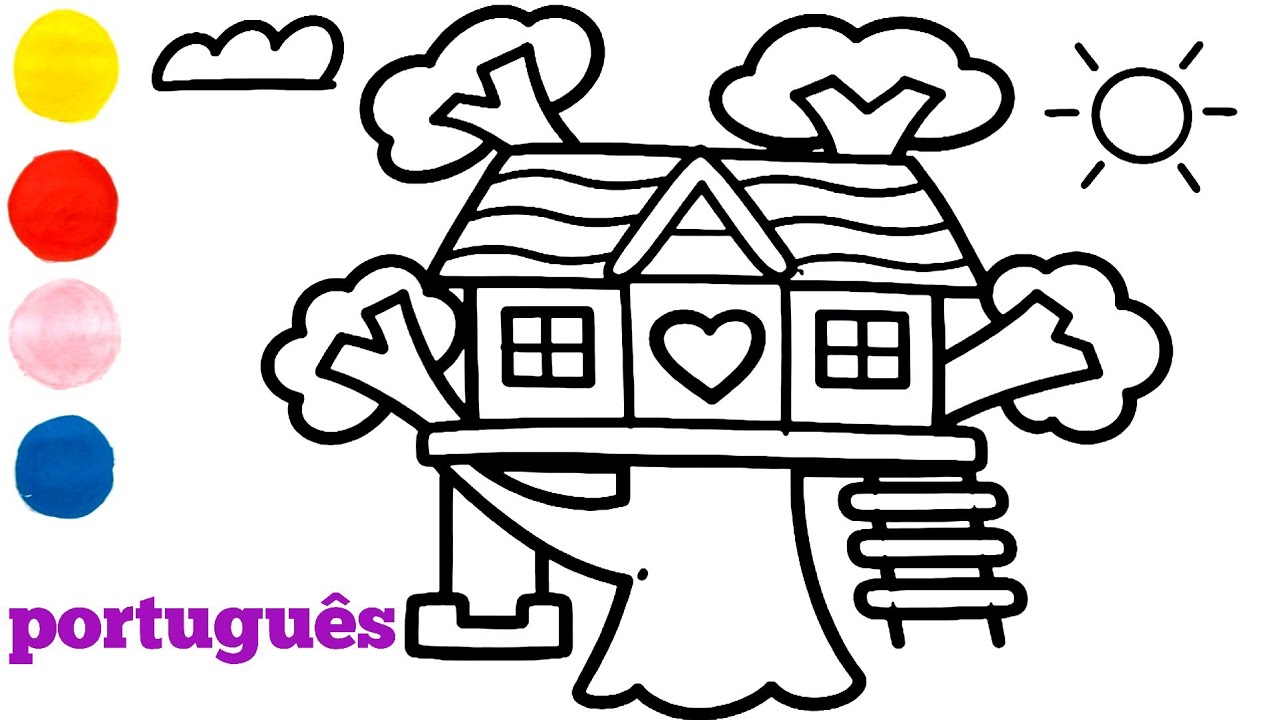 Como desenhar e colorir uma casa na árvore para crianças