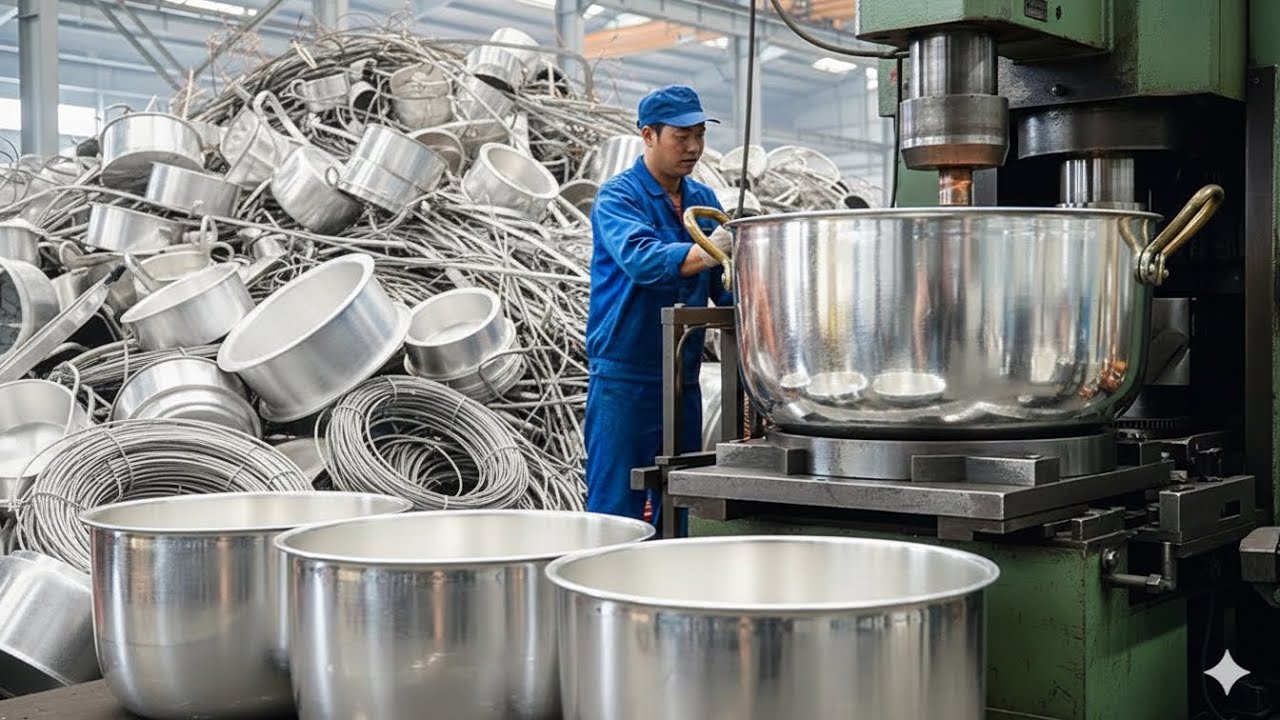 Incredible Recycling of Aluminum Scrap into New Largest Aluminum Cooking Pots in Factory.