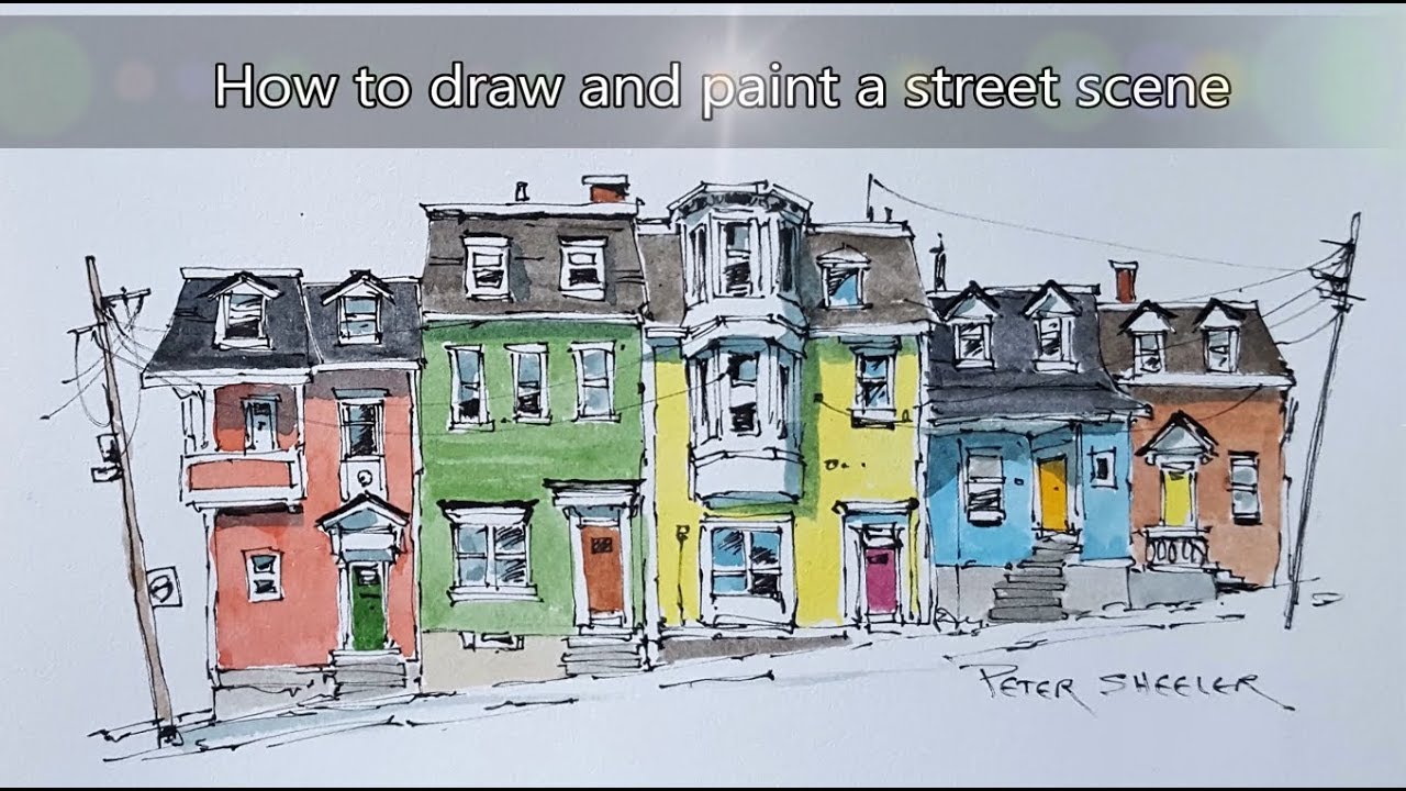 New Line and Wash Watercolor Tutorial, Colorful Row Houses in St John's, Newfoundland, Peter Sheeler