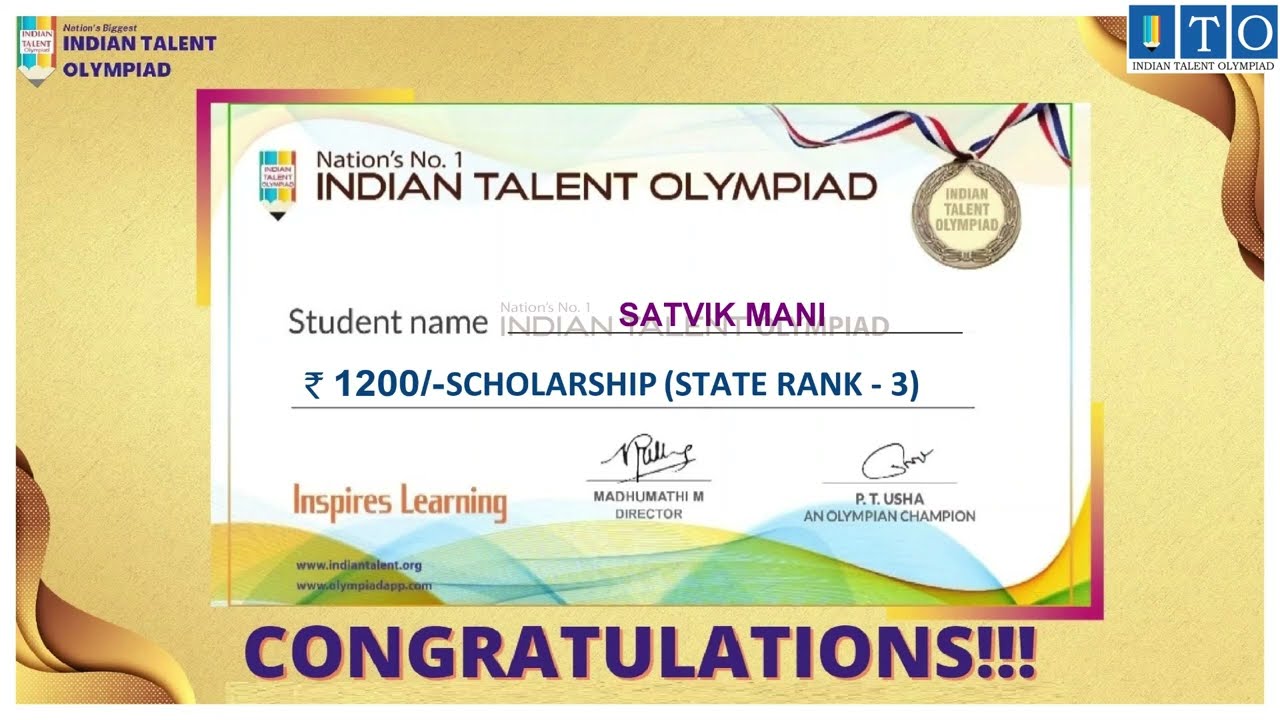 Olympiad Success Story STATE TOPPER  RANK - 3 SATVIK MANI- SHEIKHPURA, BIHAR
