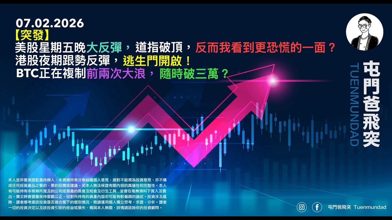 2026年2月7日 【突發】美股星期五晚大反彈，道指破頂，反而我看到更恐慌的一面？港股夜期跟勢反彈，逃生門開啟！BTC正在複制前兩次大浪，隨時破三萬？