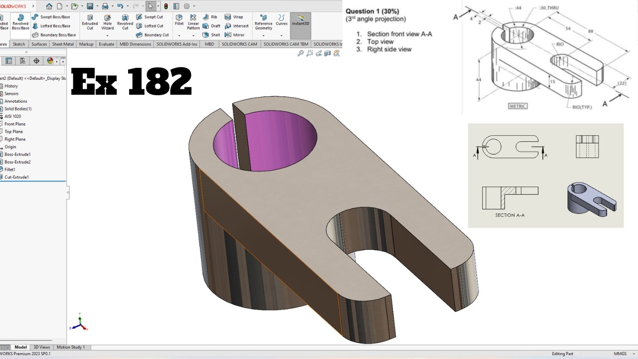 Exercise 182 for beginners SolidWorks Tutorial! SolidWorks