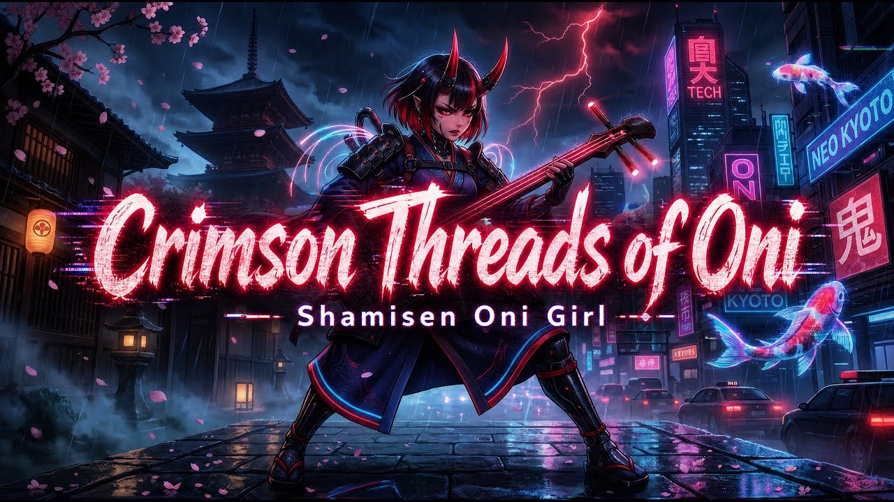 Crimson Threads of Oni: Shamisen Oni Girl | Japanese Folk Cyberpunk Metal Fusion