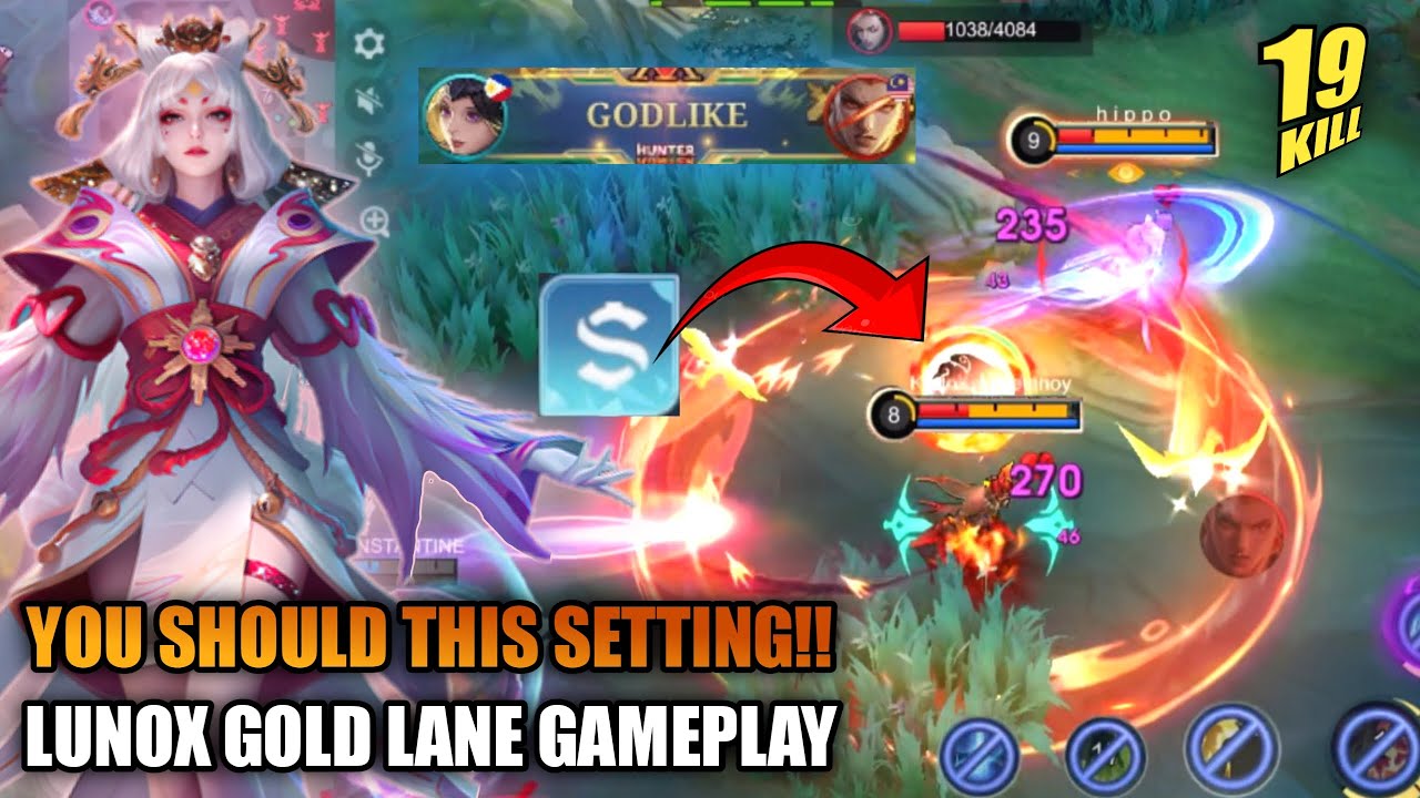 19 KILLS!! POWER FULL LUNOX GOLD LANE GAMEPLAY -  You Must Set Emblem And Build For Play Gold Lane