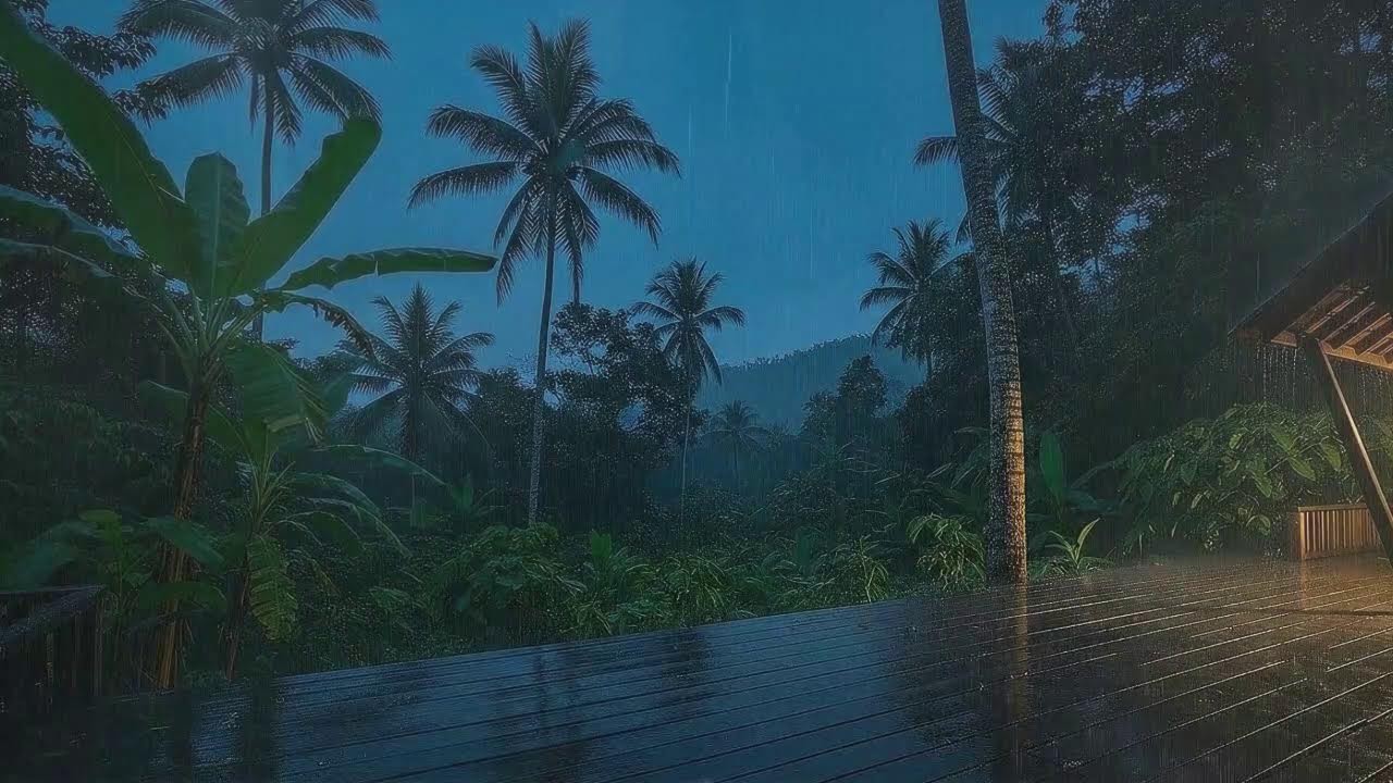 Instant Sleep with Light Rainfall and Soft Thunder Murmur at Cabin Terrace 🌧️