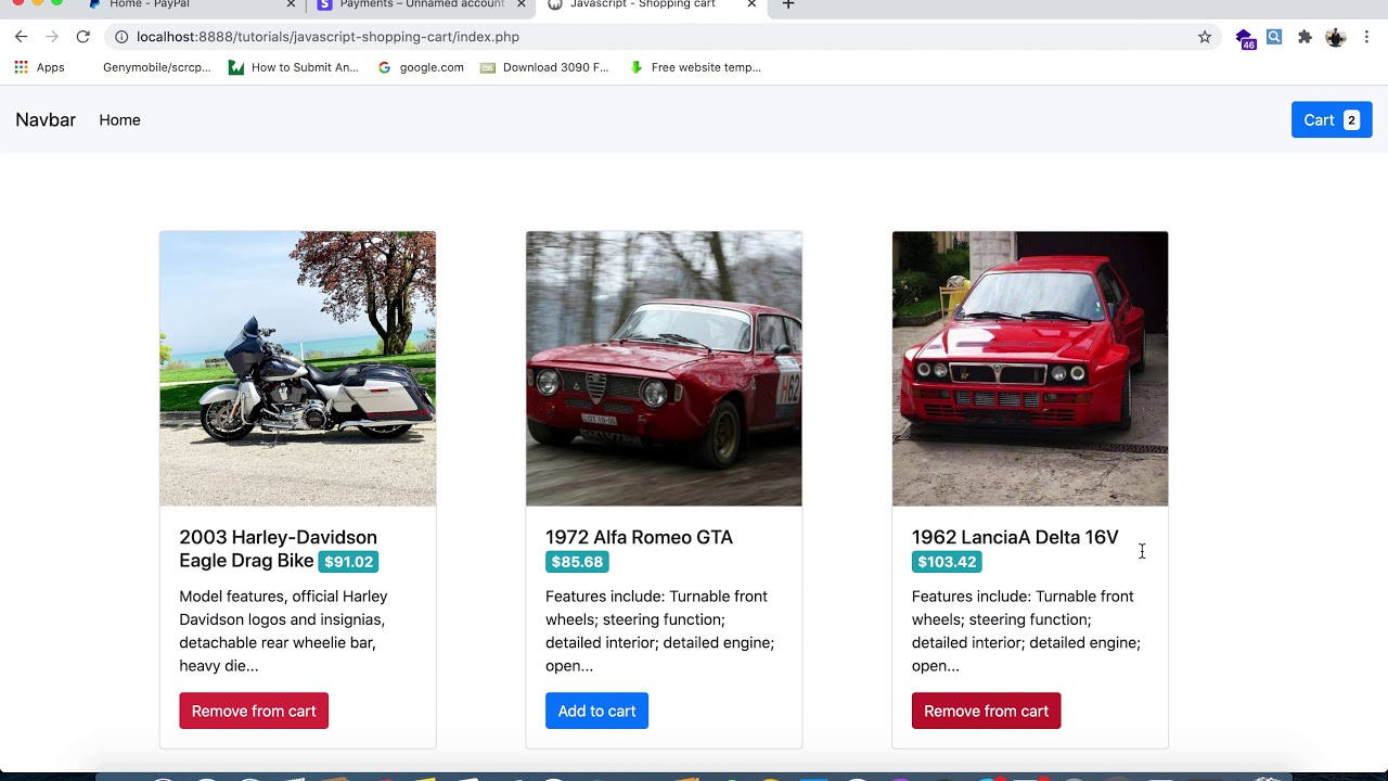 Demo - Shopping cart, Javascript, PayPal and Stripe