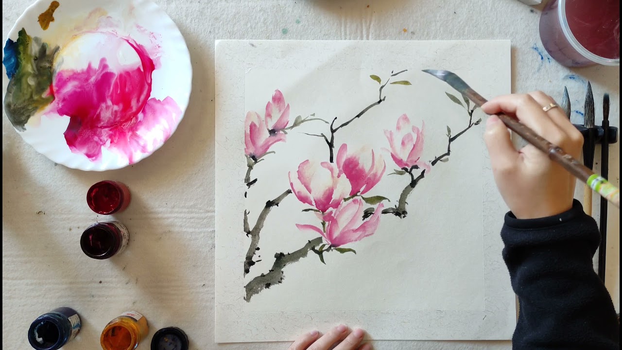 how to paint magnolia flower in chinese brush painting/sumie 水墨画木兰花