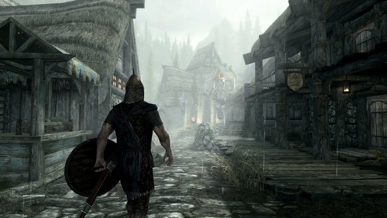 Skyrim - Falkreath Rain Ambiance (birds, soft rain, wind, footsteps, blacksmith)