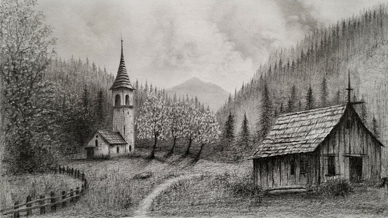 Realistic Scenery drawing easy with pencil step by step