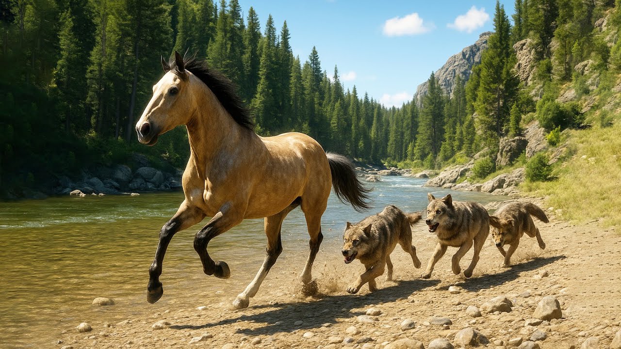 Silver tail Buckskin Horse Hunted by the Timber Wolves
