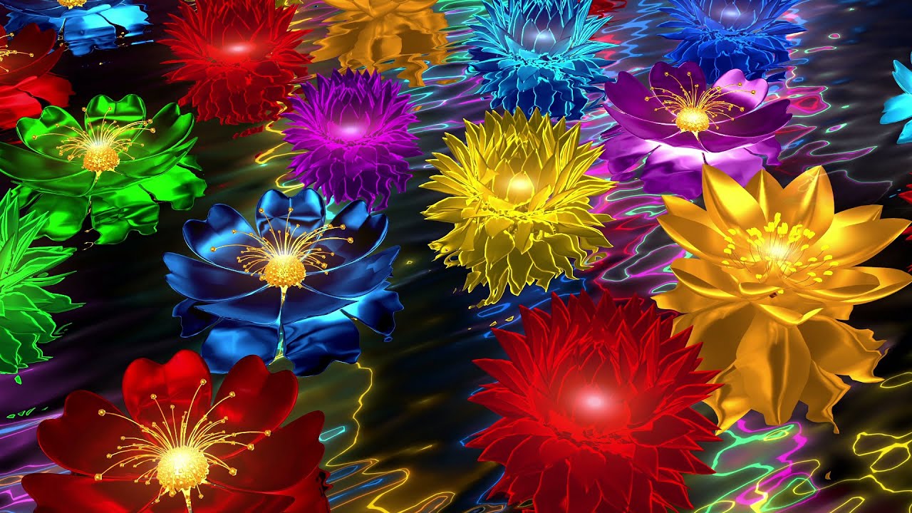 4K Screensaver | Vibrant Glowing Neon Flowers on Water– Psychedelic VJ Loop (No Sound)