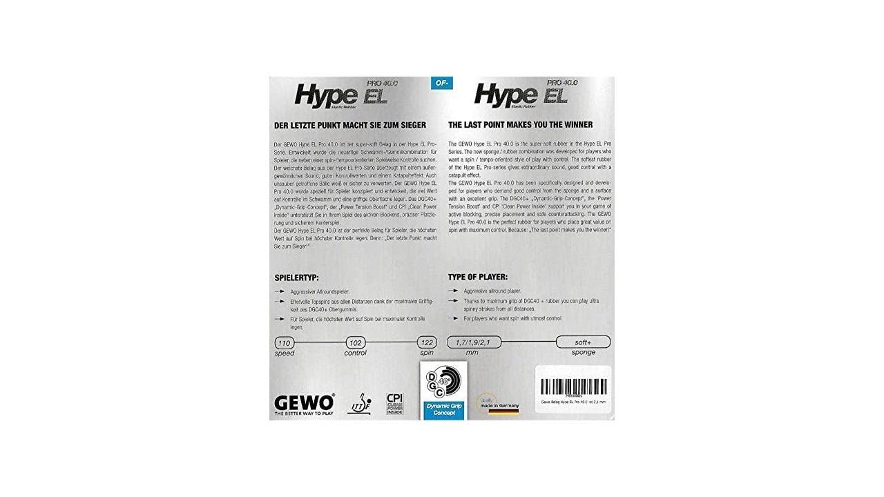 GEWO Hype EL PRO 40.0 Table Tennis Rubber, Black, 2.1 mm. Sponge Thickness