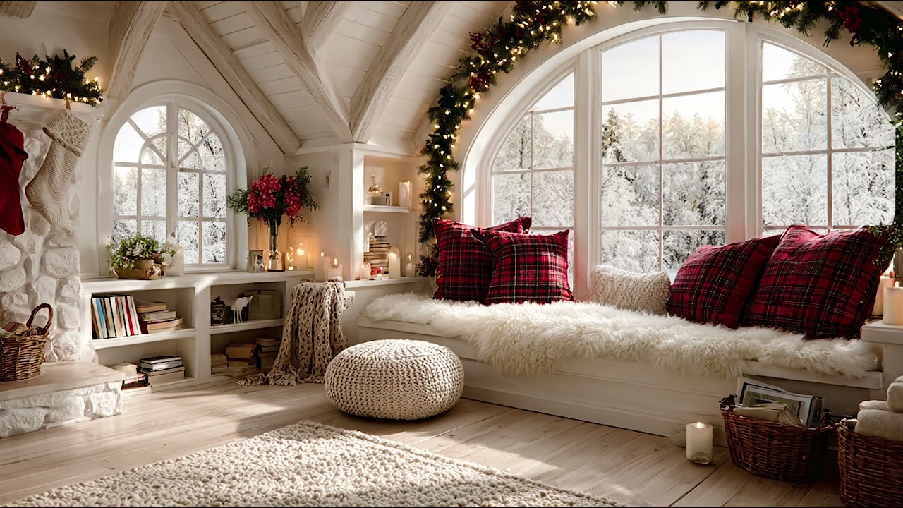 Peaceful Winter Morning ❄️ Cozy Living Room with Fireplace & Piano Sounds