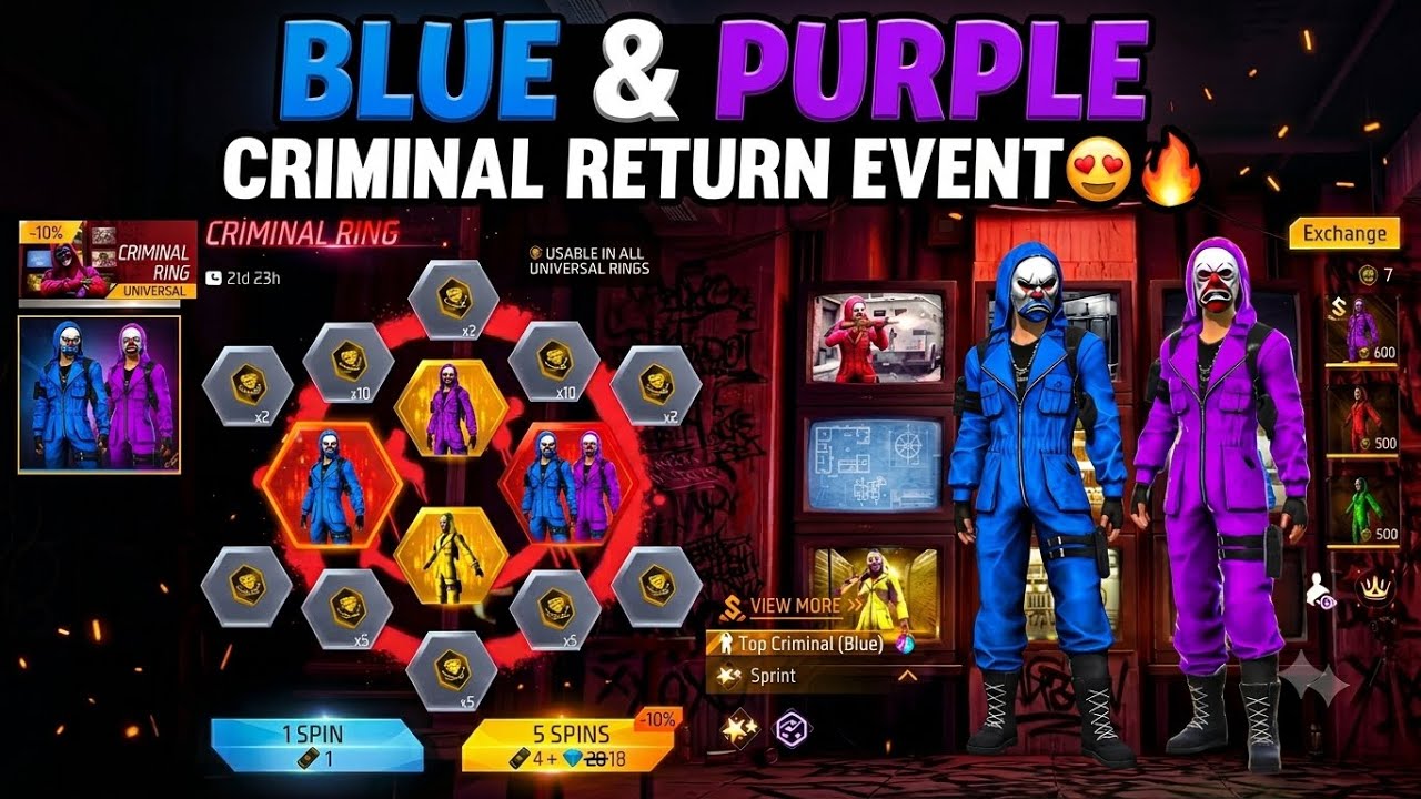 PURPLE & BLUE CRIMINAL RETURN🔥| OLD CRIMINAL BUNDLE RETURN EVENT SPIN | FREE FIRE NEW EVENT