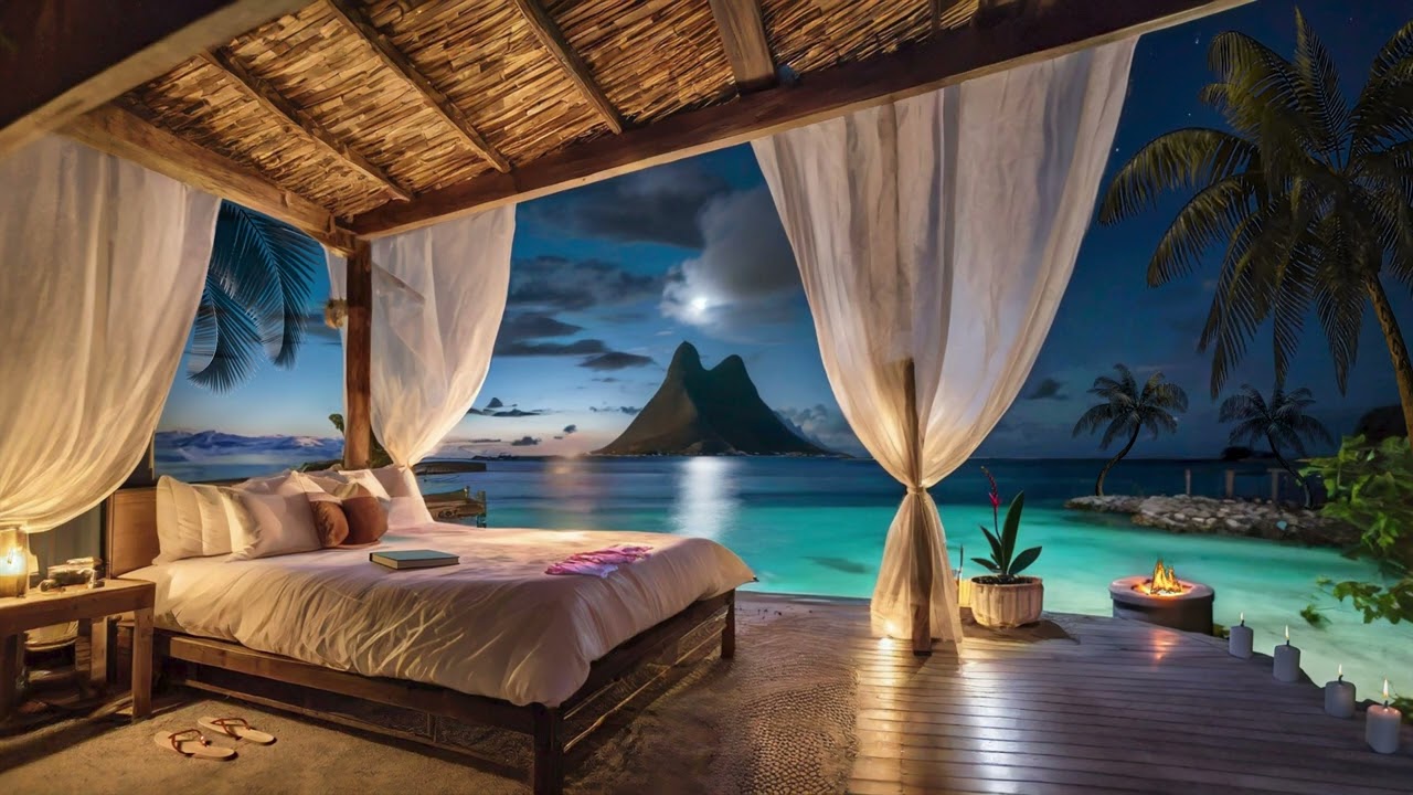 4K Summer Cozy Bedroom View from Polynesian Beach Bungalow | Hawaiian music for Relaxing, Chilling