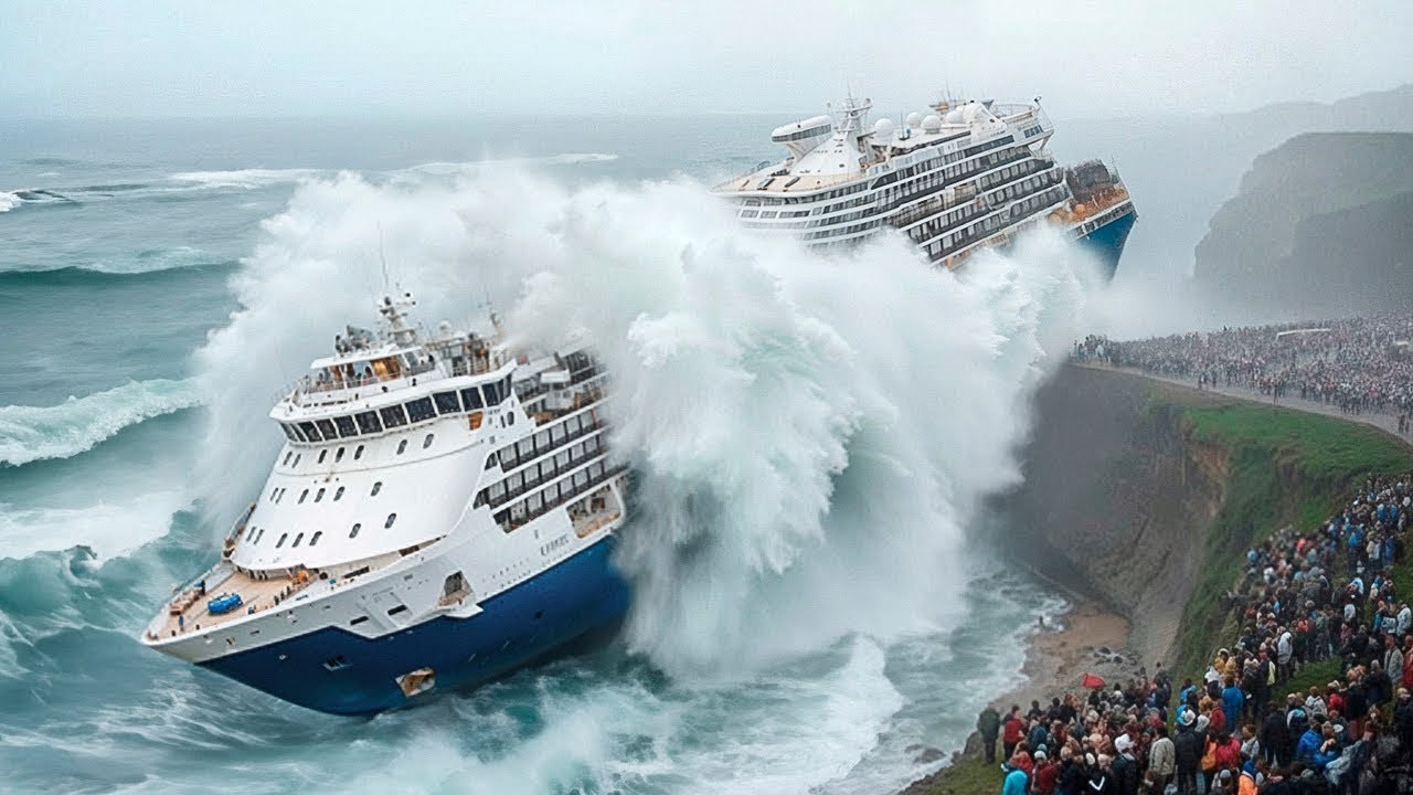 Biggest Cruise Ships And Icebreakers Sails To Glacier Calving Through Huge Storm