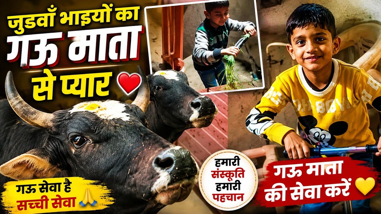 जुड़वाँ भाइयों का गँऊ माता से प्यार#गँऊ#gaumata #gauseva#cow#cowlover#animals#animal #twins#brothers