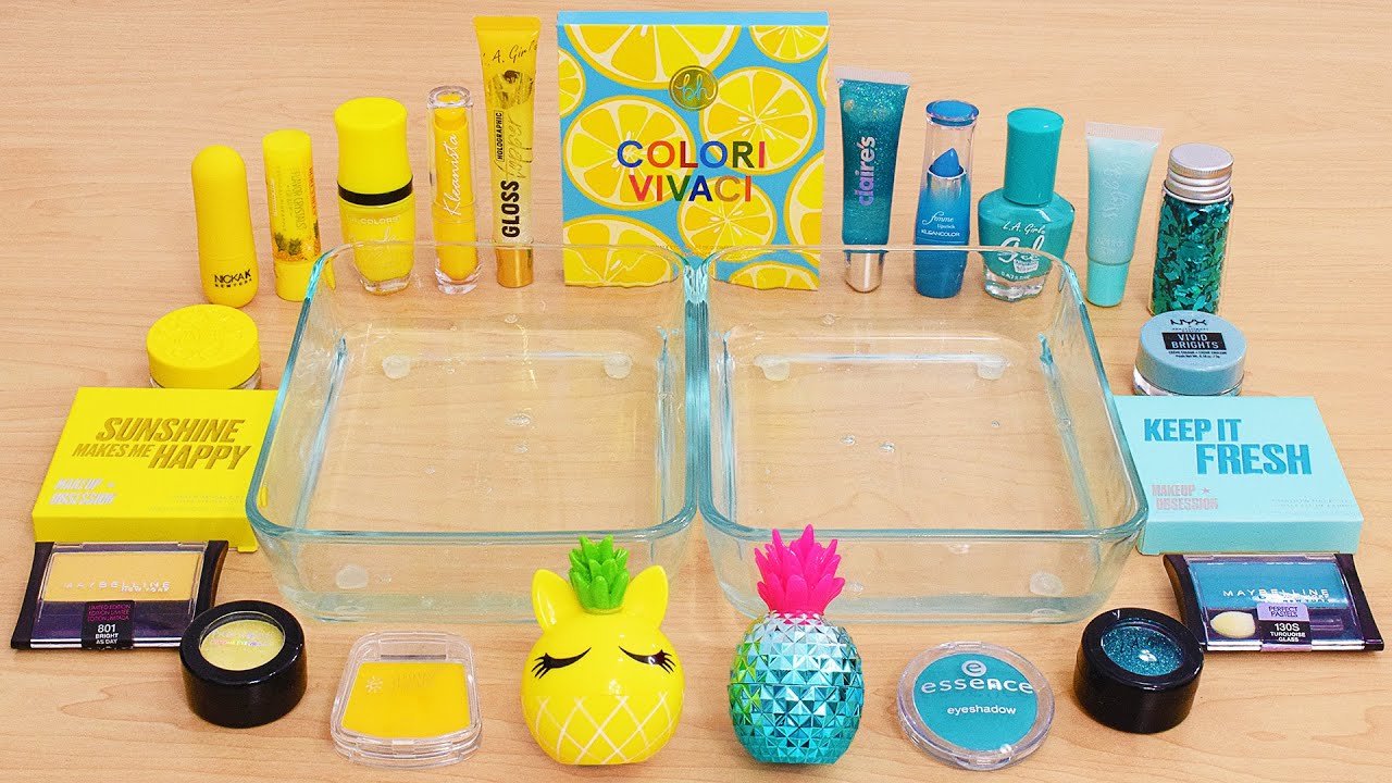 Yellow vs Teal - Mixing Makeup Eyeshadow Into Slime ASMR