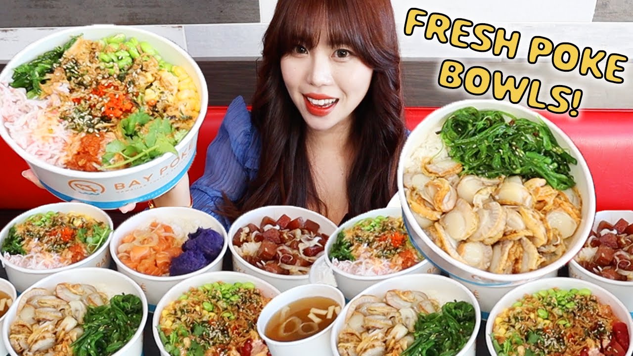 POKE BOWL MUKBANG at Bay Poke in San Gabriel, CA! Fresh Ahi Tuna, Salmon, Scallops, Spicy Tuna