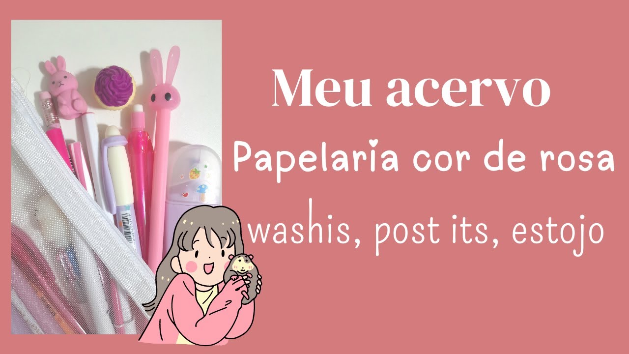 Meus itens de papelaria cor de rosa, estojo, washis, post its