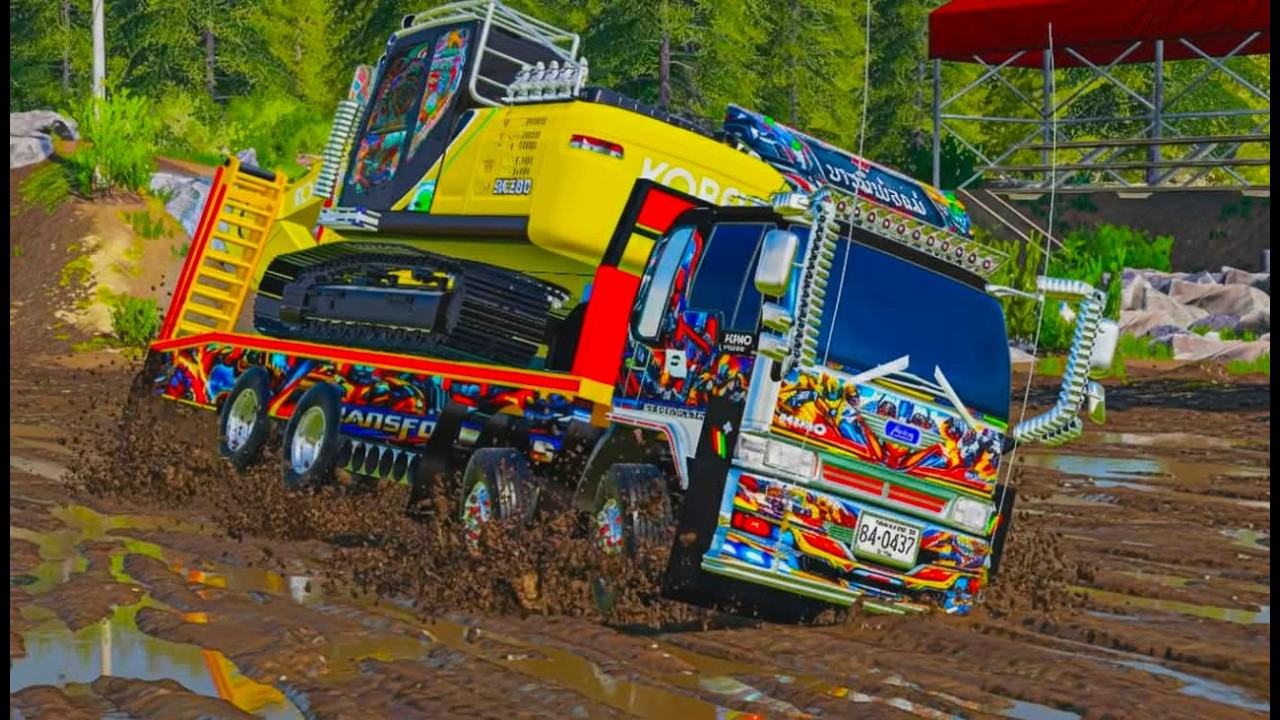 Двенадцатиколесный прицеп, перевозивший экскаватор на строительную площадку, столкнулся с коварно...