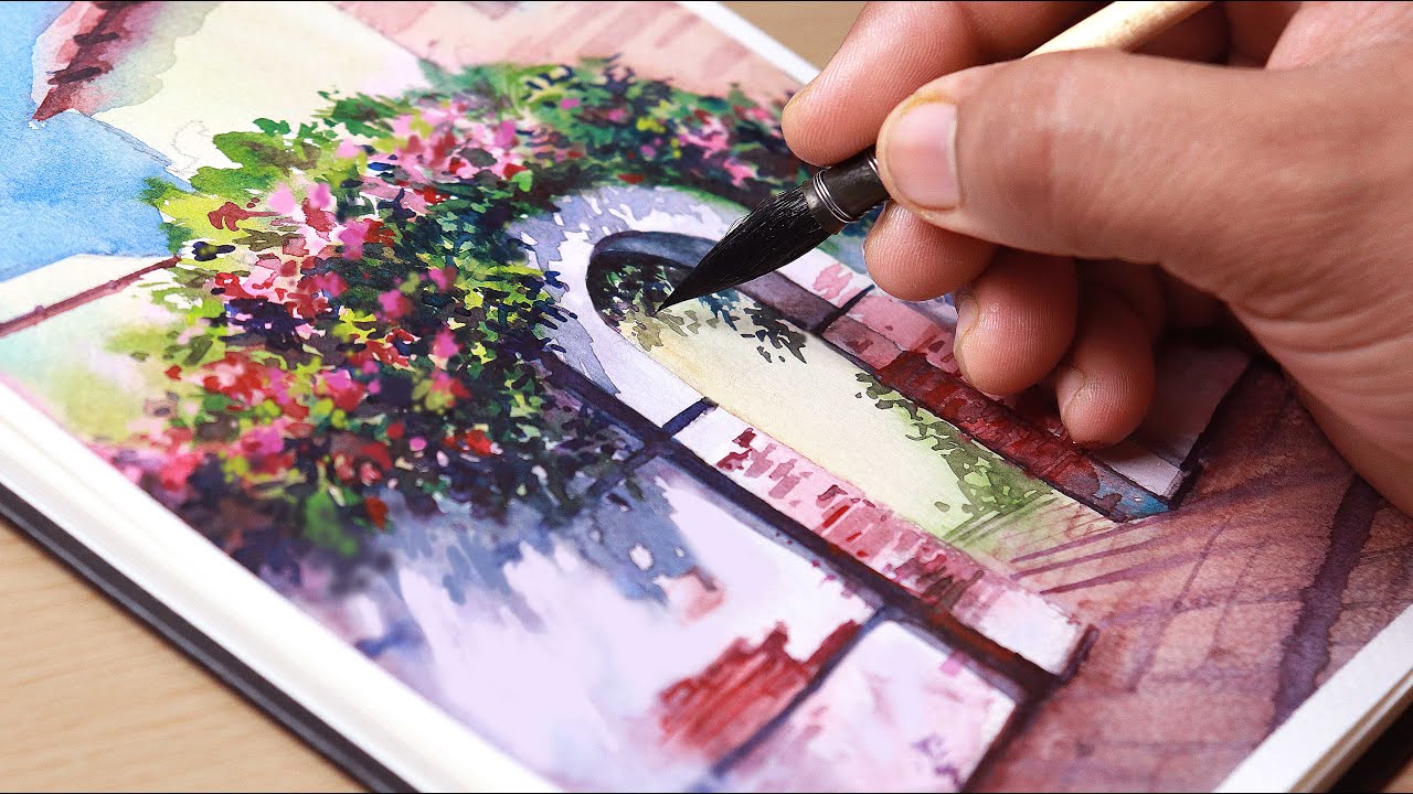 Beautiful Watercolor Painting of Flower Tree by the Gateway