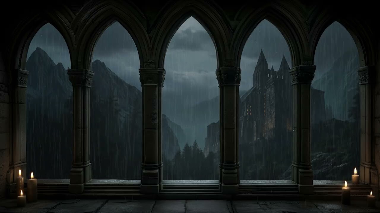 Heavy Rain & Thunder at Ancient Castle Window 🌧️ Deep Sleep Night Ambience